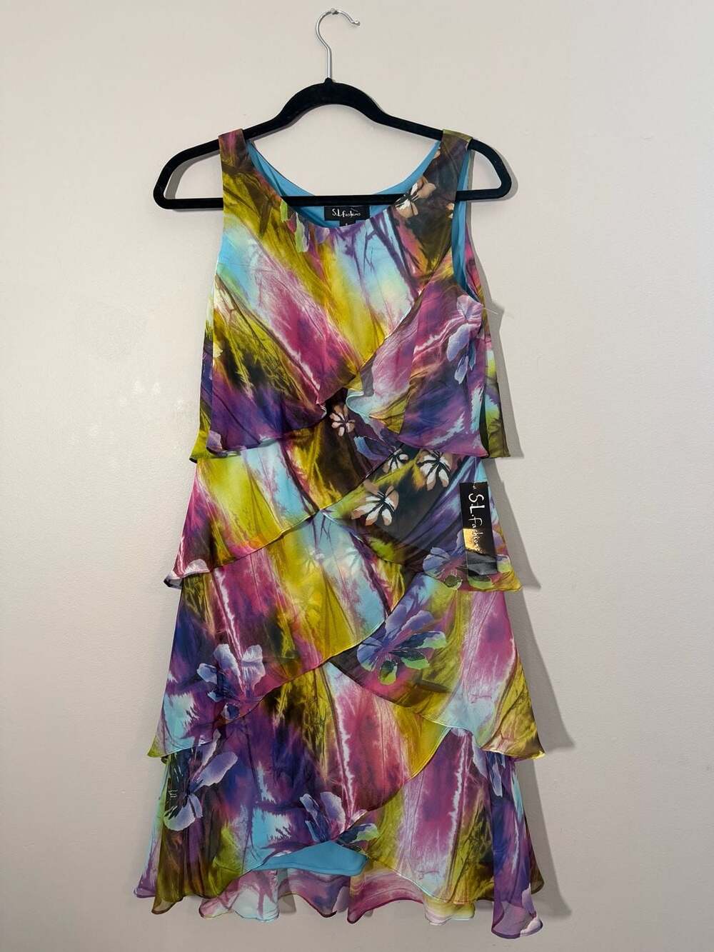 S.L. Fashions Tiered Floral Print Sleeveless Dress Size 8